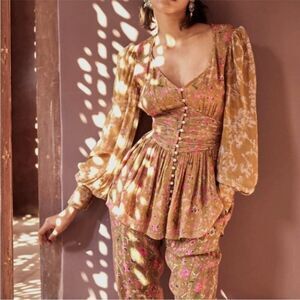 HEMANT & NANDITA | Vim Ruched Puff Sleeve Blouse Dijon & Gold Women’s Size Small
